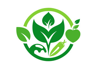Green leaves nature eco logo with a central plant, apple, chili, and splash inside a circular frame.