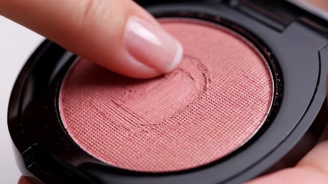 Close up of finger swatching pink blush compact, cosmetic product texture and pigmentation detail for beauty marketing, soft feminine mood for daily makeup and Valentines Day