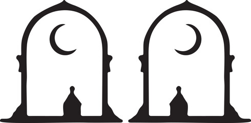 Islamic mosque window arch silhouette with crescent moon and mosque dome silhouette. © Defined Digital