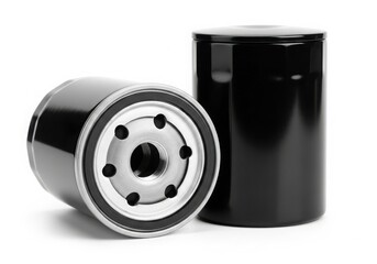 Two black cylindrical filters with a metallic center and circular holes on display