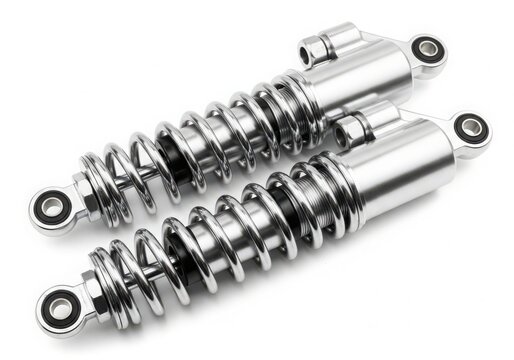 Pair of polished chrome motorcycle rear suspension shock absorbers with threaded preload adjuster.