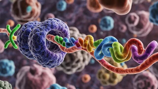 A vibrant 3D rendering of a complex protein structure, showing a polypeptide chain folding, representing molecular biology and cellular processes.