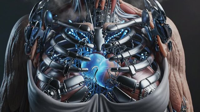 Futuristic human torso with advanced bionic implants and glowing energy core. A blend of biology and technology, representing cybernetic enhancement.