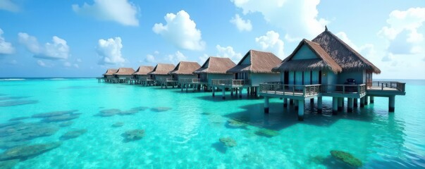 Obraz premium Overwater bungalows nestled amongst vibrant coral reefs, crystal-clear lagoon , breathtaking, stunning, paradise