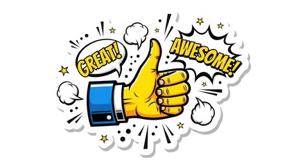 Obraz premium Bold comic-style sticker design featuring a thumbs-up hand gesture with energetic typography, flat vector illustration, high contrast