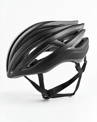 Fototapeta premium Black cycling helmet rests on a plain background while showing its sleek design for safety and performance needs of cyclists