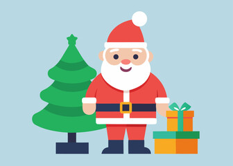 Santa Claus stands smiling next to a green Christmas tree with multiple wrapped gift boxes.