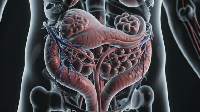 Detailed 3D rendering of human internal organs and vascular system within a translucent body, perfect for medical and scientific visualizations.