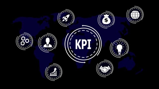 Global KPI concept with icons on world map and dark background key performance indicator business