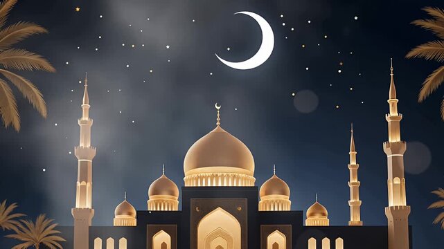 mosque at night crescent moon minarets golden dome architecture