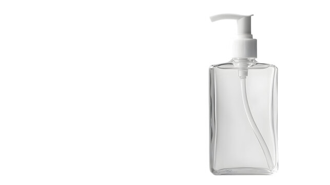 Transparent hand sanitizer bottle with white pump on transparent background
