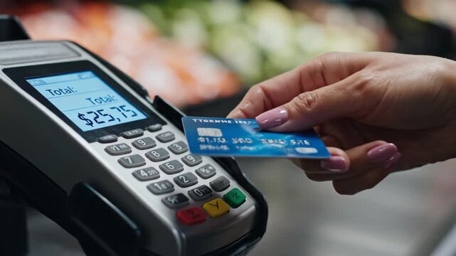 Close-up of a woman's hand using a credit card for contactless NFC payment on a POS terminal in a retail store, showing the total price and processing.