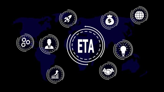 Global Business Concepts ETA Icons on World Map Dark Background image photo