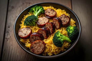 Fototapeta premium sausage and broccoli with cheddar rice in a bowl