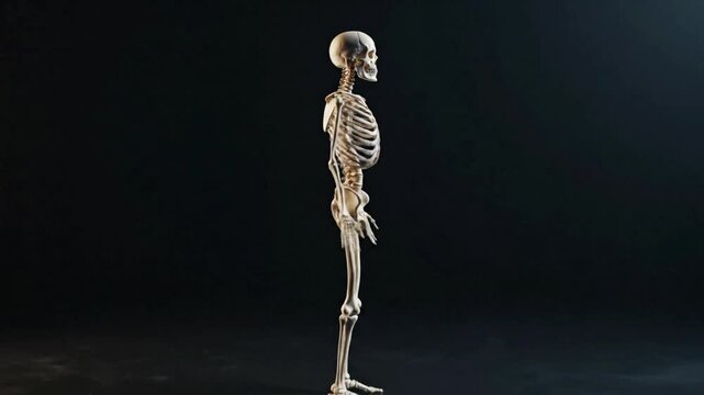 A detailed 3D render of a human skeleton, standing in profile against a dark background, highlighting anatomical structure.