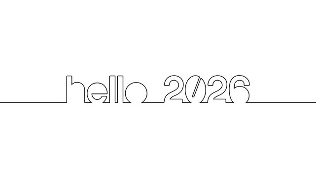 hello 2026 continuous one line art year numbers video clip. single one line art hello 2026 text word self hand drawing animation on white black background