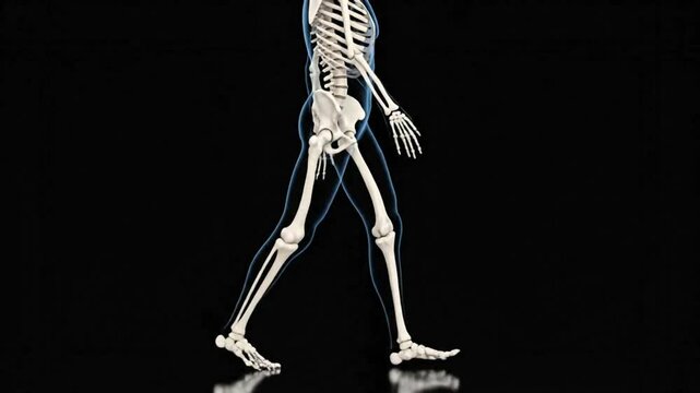 3D animation of a human skeleton walking, side view. Illustrates anatomical structure and movement, ideal for medical and educational content.