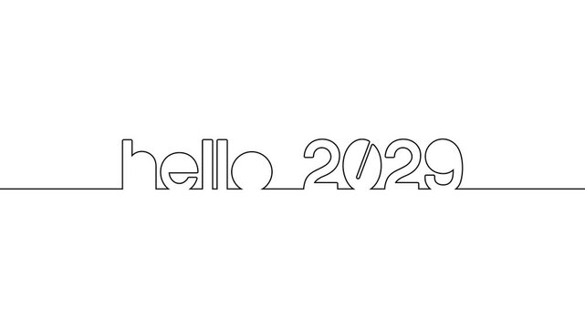 hello 2029 continuous one line art year numbers video clip. single one line art hello 2029 text word self hand drawing animation on white black background