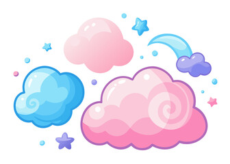 Obraz premium A whimsical watercolor collection featuring pink and blue clouds with stars and a small rainbow, designed as decorative sky elements.