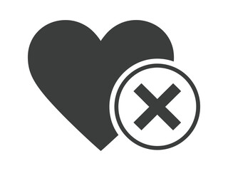 Obraz premium Dark gray heart icon with a white circle containing a cross symbol, representing dislike or removal
