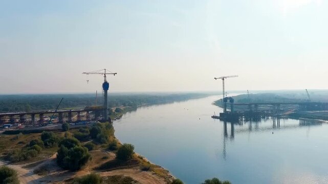 Murom, Russia. Construction of a bridge across the Oka River. Highway M-12 Moscow-Nizhny-Novgorod-Kazan. Drone footage