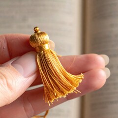 Golden Tassel Bookmark Held by Fingers Against Open Book Background Soft Focus Natural Lighting