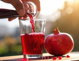 Close up of ruby red pomegranate juice being poured into a clear glass with a whole pomegranate and seeds on the side against a blurred green background during golden hour