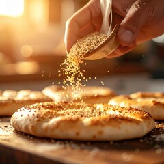 Close up of a hand sprinkling sesame seeds onto golden baked bread with warm sunlight creating a cozy atmosphere and highlighting the texture of the food