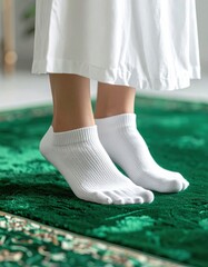 Close Up Of Feet Wearing White Socks Standing On A Vibrant Green Prayer Rug With Intricate Patterns And Soft White Fabric Gown Above