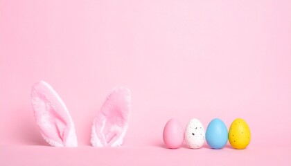 Fototapeta premium Pink background with bunny ears and colorful Easter eggs