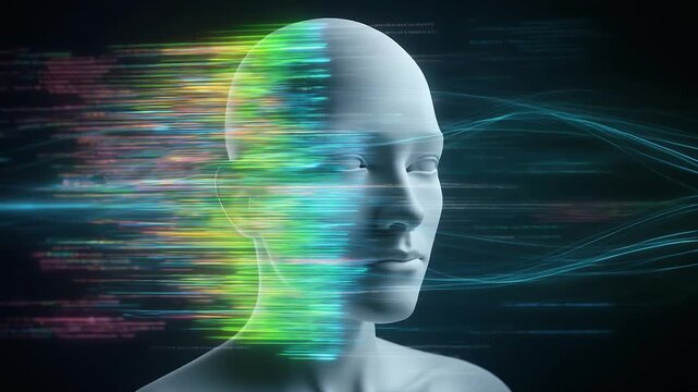 Abstract digital transformation of a human mind merging with artificial intelligence data flow