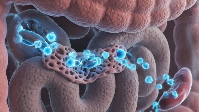 3D rendering of the human digestive system, showing intestines with glowing blue particles, representing absorption, medication, or disease.