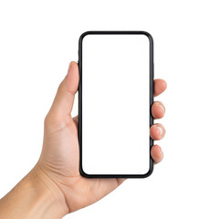 Hand holding a smartphone with a blank screen and a white background isolated on transparent background