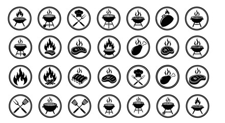 Collection of black and white barbecue icons on white background.