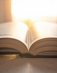 Open Old Book Bathed in Warm Golden Sunlight Creating a Peaceful and Reflective Atmosphere in Soft Focus