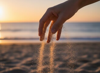 Close up of A Hand Letting Sand Fall Through Fingers at Sunset on a Beach with Warm Golden Light Reflecting on Water and Sand