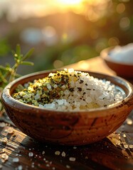 Close-up of a rustic bowl filled with coarse white sea salt mixed with green herbs on a wooden surface bathed in warm golden hour sunlight