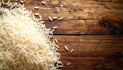Heap Of White Basmati Rice Grains Overflowing On Textured Wooden Table Surface With Copy Space For Text
