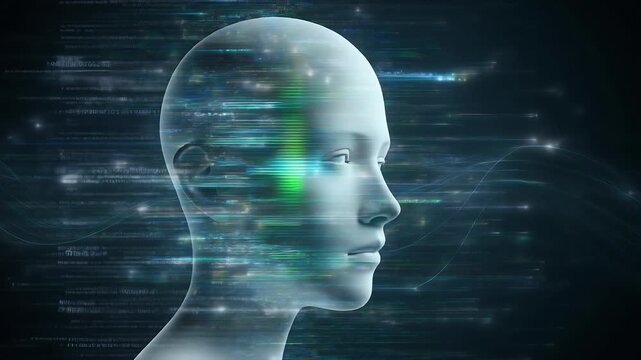 Abstract humanoid AI brain with glowing data streams, symbolizing advanced technology and digital evolution