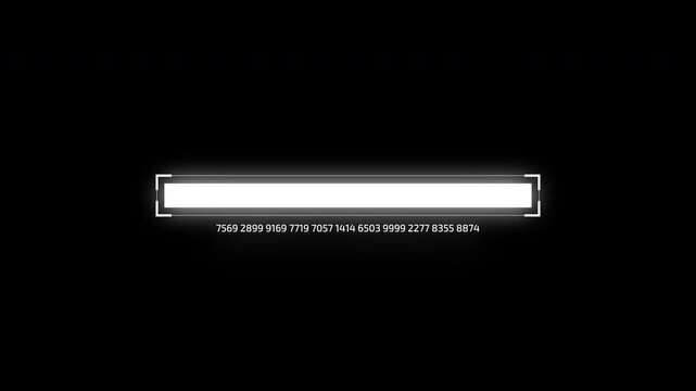 Futuristic scanning frame loading bar animation with flicker effect and numeric code, minimal cyber HUD progress interface isolated on black background