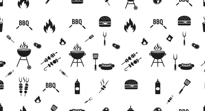 Seamless pattern of barbecue icons and utensils.