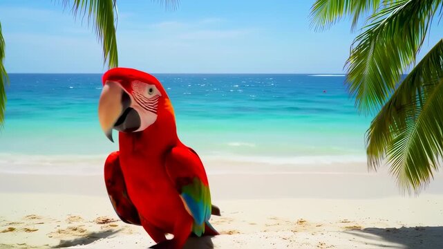 Vibrant parrot on a tropical beach