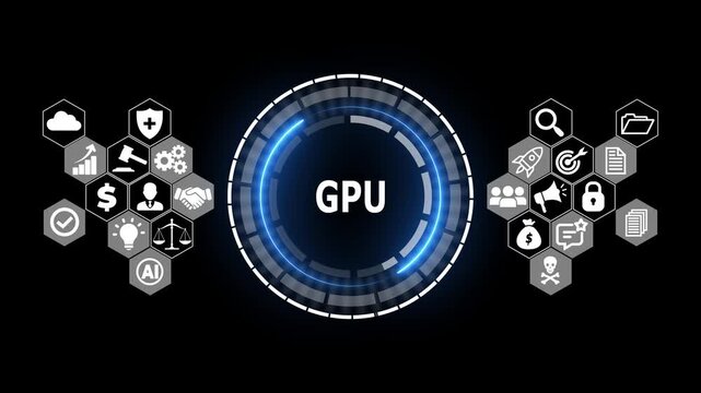 Futuristic GPU Graphics Processing Interface with HUD Circle, High Performance Computing and AI Technology Icons Abstract Motion Graphics Loop Background