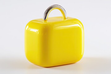 A glossy, yellow cube with a metallic, curved handle on a white background