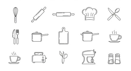 Collection of kitchen utensils and cooking equipment icons.