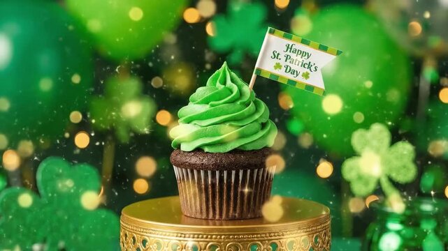 Green frosted cupcake with a Happy St. Patricks Day flag on a golden stand. Festive dessert for March 17 celebration. Holiday treat.