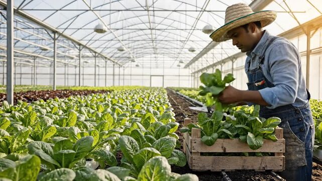 Farmer inspecting and tending to lush vegetables in modern greenhouse for sustainable agriculture practices