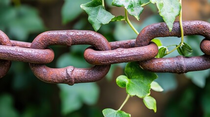 pronouncement. Thick rusted iron chains broken apart by vigorous green vines in natural light. ESG reports, sustainability campaigns, designed for sustainability communications and ESG reporting.