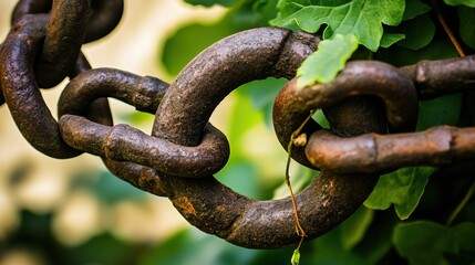 pronouncement. Thick rusted iron chains broken apart by vigorous green vines in natural light. ESG reports, sustainability campaigns, designed for sustainability communications and ESG reporting.