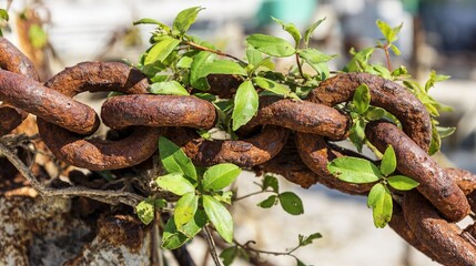 pronouncement. Thick rusted iron chains broken apart by vigorous green vines in natural light. ESG reports, sustainability campaigns, designed for sustainability communications and ESG reporting.